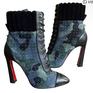Christian Louboutin Camouflage Heeled Boots with Black and Blue